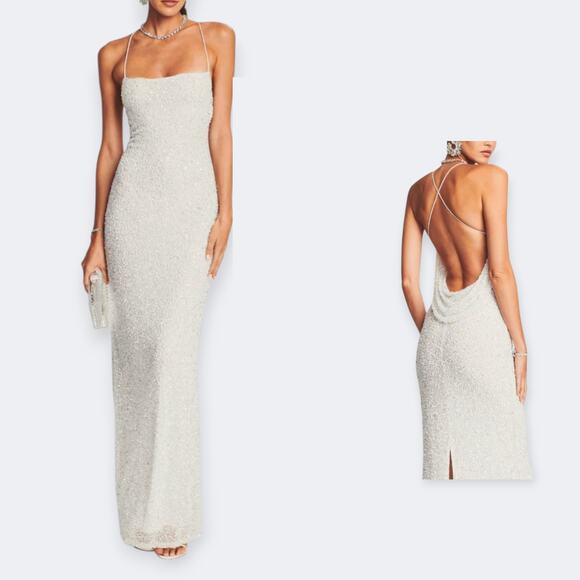 Retrofete Alice Sequin Dress White Sequin Maxi Dress Backless Cross Strap L New - Picture 1 of 12